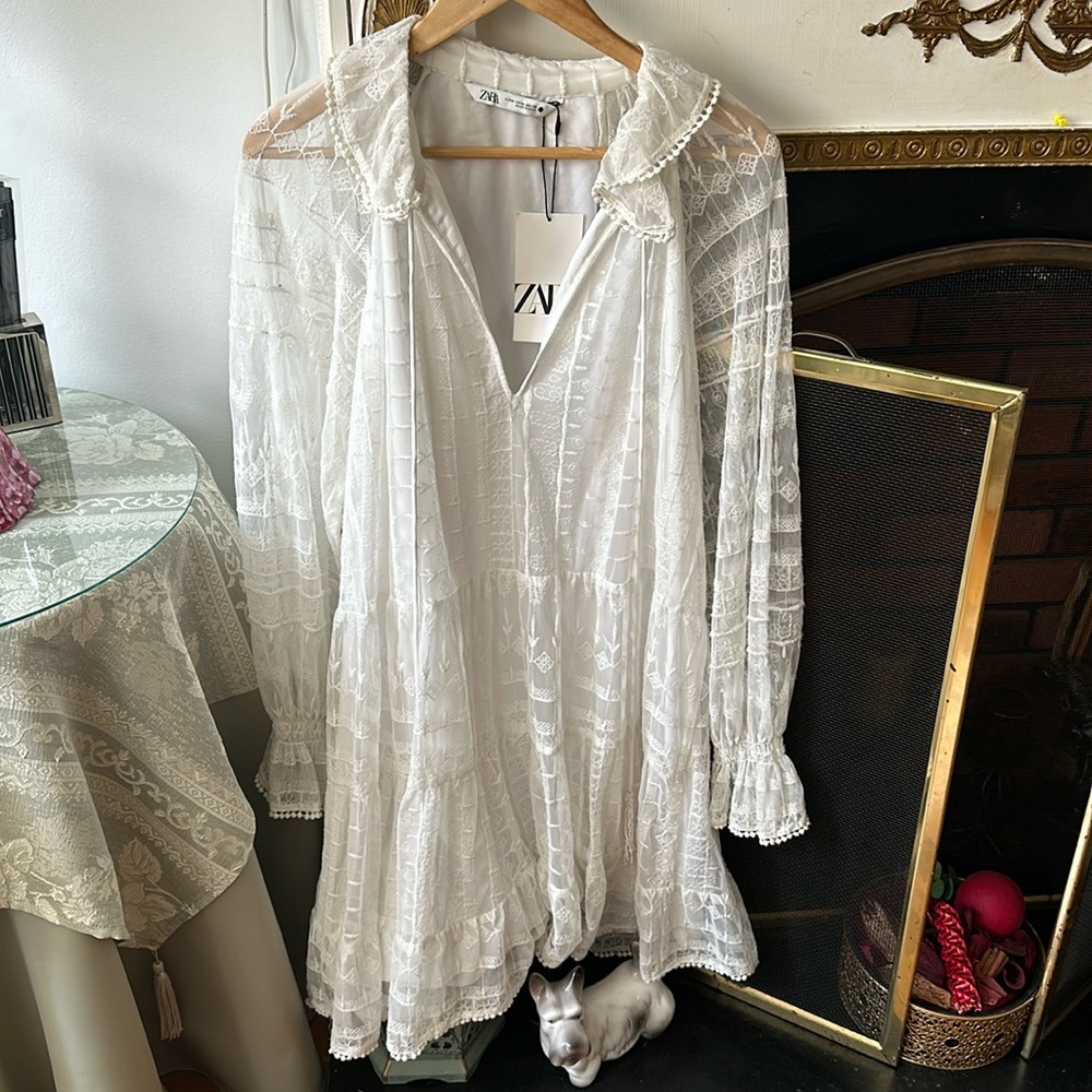Zara white tulle embroidered ruffled mini dress